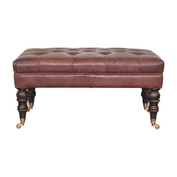 Lesuto Buffalo Brown Leather Ottoman with Castor Legs - Vintage Style, Wood