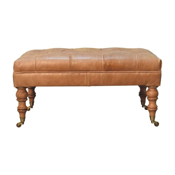 Lesuto Buffalo Tan Leather Ottoman with Castor Legs - Modern, Wood, light walnut
