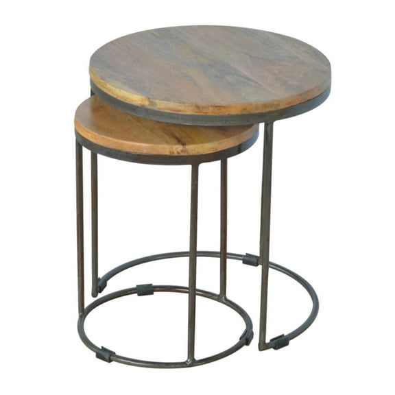 Lesuto Round Stool Set of 2 with Iron Base - Nordic Style, Wood, 0 Drawers