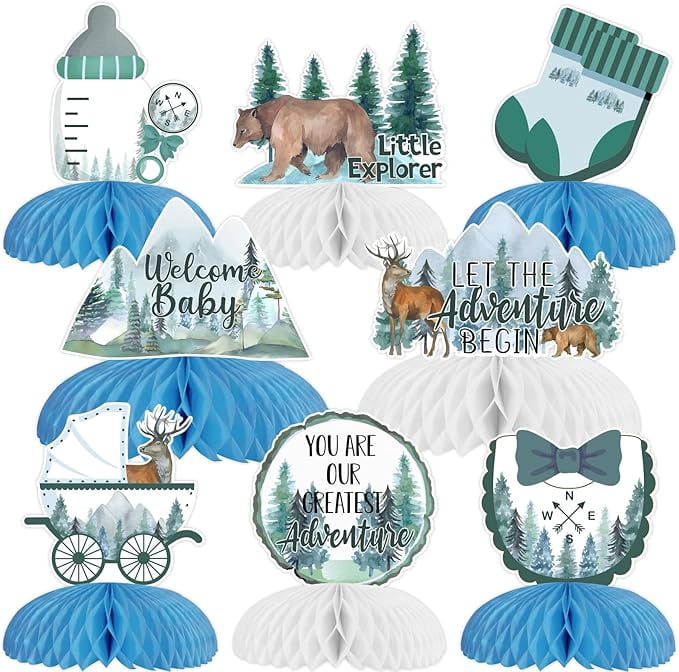 Let The Adventure Begin Baby Shower Decoration, 8pcs Woodland Baby Shower Honeycomb Centerpieces Adventure Awaits Party Table Toppers for Woodland Forest Mountain Baby Shower