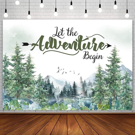 Let The Adventure Begin Backdrop Baby Shower Camper Birthday Wedding Photography Background Mountain Wilderness Adventure Woodland Animal Party Decoration Banner Photo Shoot Studio Props