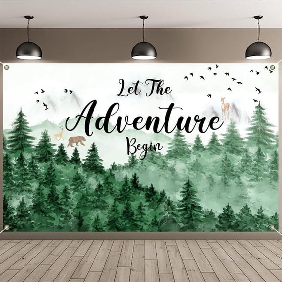 Let The Adventure Begin Backdrop Banner, Adventure Awaits Bon Voyage Tree Mountain Wilderness Forest Photography Background for Baby Shower Birthday Party Decoration