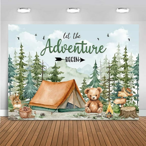 Let The Adventure Begin Backdrop Camping Woodland Baby Shower Decorations Mountain Wilderness Animals Forest Adventure Awaits Baby Shower Photography Props
