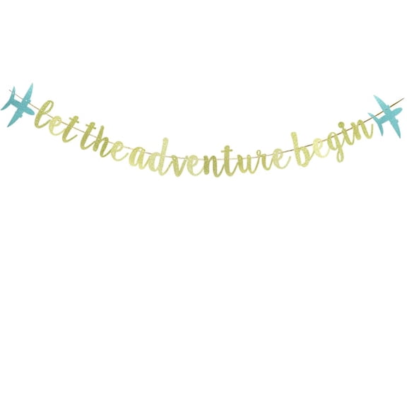 Let The Adventure Begin Banner with Blue Glitter Airplane,Travel Theme Moving Away/Farewell/Graduation/Baby Shower/Birthday/Wedding Party Decoration Supplies.
