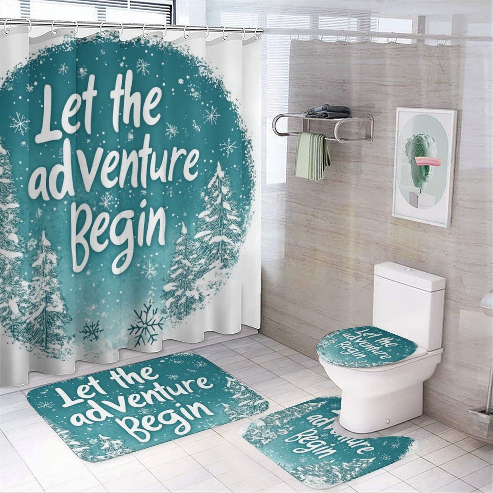 Let The Adventure Begin Shower Curtain 4 Piece Set Shower Curtain And Rugs Shower Curtain Set Xmas Tree Snow Winter Waterproof Fabric Bath Curtain for Bathroom Decor Set