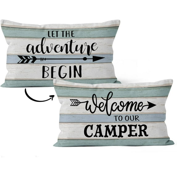 Let The Adventure Begin Welcome to Our Camper Decorative Pillowcase Throw Pillow Cover, Rustic Camper Camping Theme for Rv Sofa Bed Room Home Decor 12 x 20 Inch Reversible Pillow Case