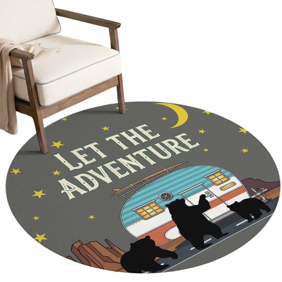 Let The Adventure Washable Round Area Rug 8 ft, Summer Night Bears Camping Travel Stars Moon Soft Non‑Slip Rugs Stain Repellent Indoor Mats for Oversized Living‑Room, Big Circular Dining Area