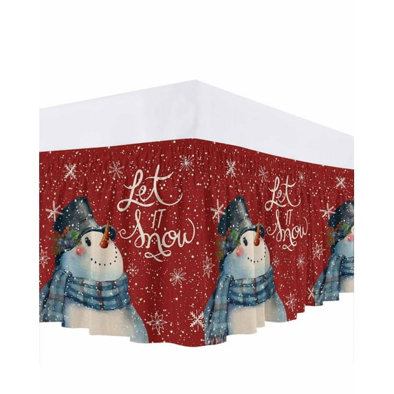 Let it Bed Skirt Snow Christmas Snowman Snowflake Red Bed Skirts King Size 16 Inch Drop, Wrap Around Dust Ruffle Bedskirt with Adjustable Elastic Belt for Queen Size Beds