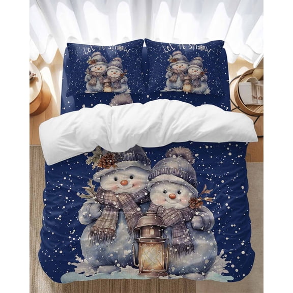 Let It Bedding Duvet Cover Set Full Size 4 Pieces Snow Christmas Snowman Oil Winter Snowflake Bedding Set with Zipper Closure, 1 Comforter Cover 86x86 Inches 1 Flat Sheet & 2 Pillow Cases