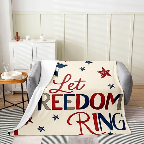 Let Freedom Ring Patriotic Star Print Throw Blanket American Independence Theme Soft Flannel Decorative Blanket For Sofa Bedroom