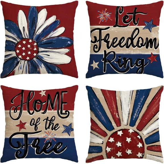 Let Freedom Ring Stars Fireworks Flower Red Throw Pillow Covers, 16 x 16 Inch 4th of July Patriotic Independence Memorial Day USA Flag Cushion Case for Sofa Couch Set of 4