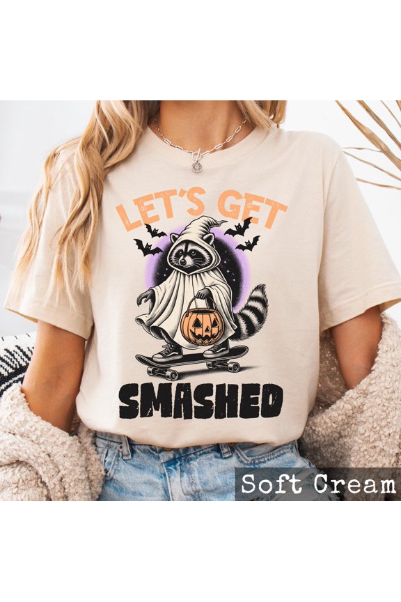 Let' Get Smashed Raccoon Halloween Skateboarding Raccoon Spooky Season Ghost Pumpkin Skateboard T-Shirt, Unisex T-Shirt
