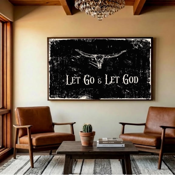 Let Go God Black White Longhorn Art Biblical Peace Trust Faith Prayer Room Art Western Christian Variant 3 Poster