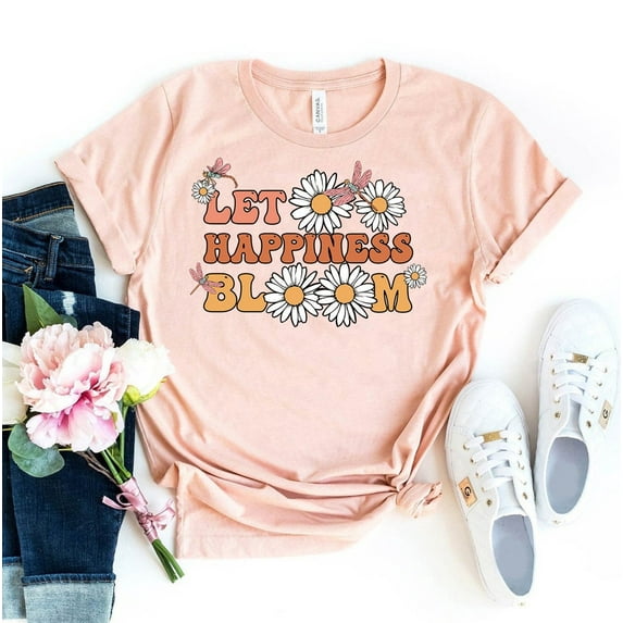 Let Happiness Blooms T-shirt Summer Shirt Positivity Tee Inspirational Top Gift Motivational Happy Positive Birds Choose