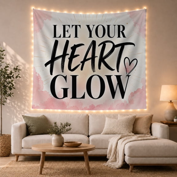 Let Your Heart Glow Among Pink Clouds and Rays, Warm Watercolor for Positivity Fans, Motivational Quote Wall Art, Friendship Gift, Tapestry Wall Hanging for Bedroom and Dorm