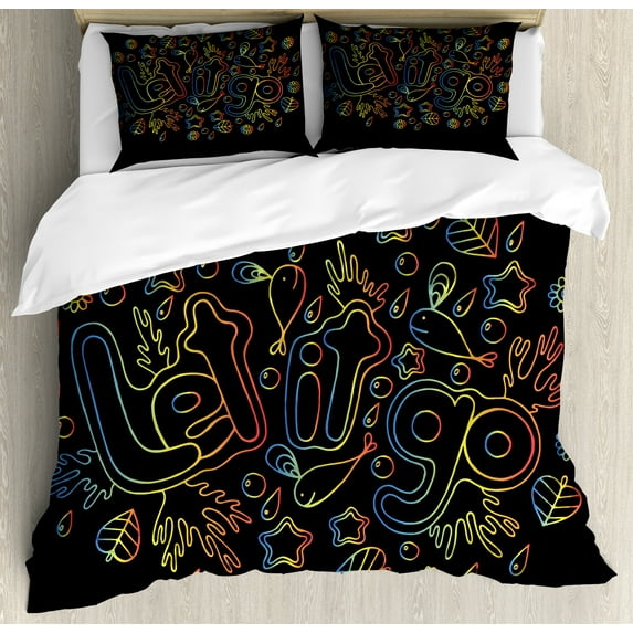 Let It Go Duvet Cover Set, Outline Design in Color Transitions Art on Dark Backdrop, Decorative 3 Piece Bedding Set with 2 Pillow Shams, King Size, Charcoal Grey and Multicolor, by Ambesonne