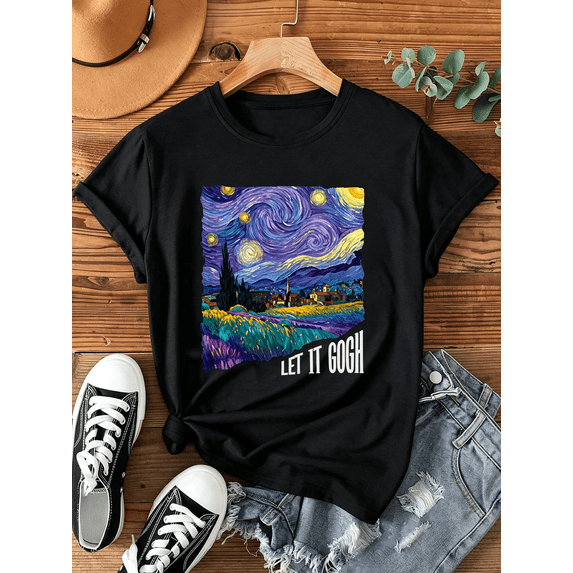 Let It Gogh Funny Starry Night Art Graphic T‑Shirt Women Casual Artist Short Sleeve Tee