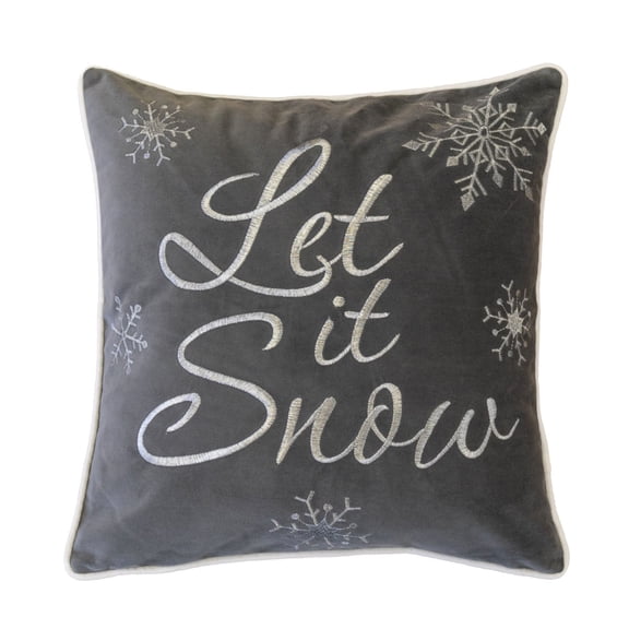 Let It Snow Embroidered Cotton Throw Pillow 20x20" Gray Winter Accent Cushion with Insert