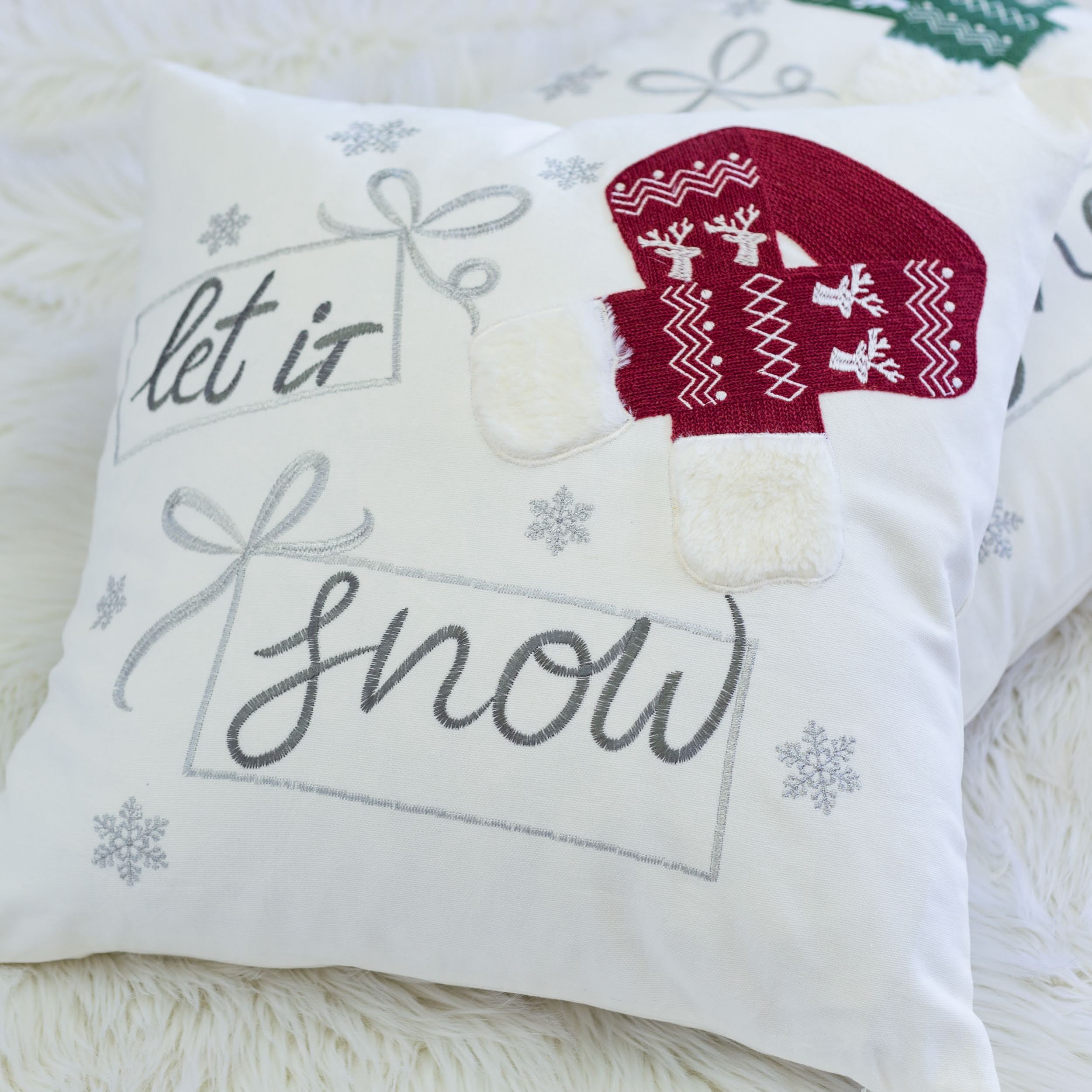 Let It Snow Embroidered Throw Pillow with 3D Red Knit Hat 20x20 Inch Cotton Holiday Decor