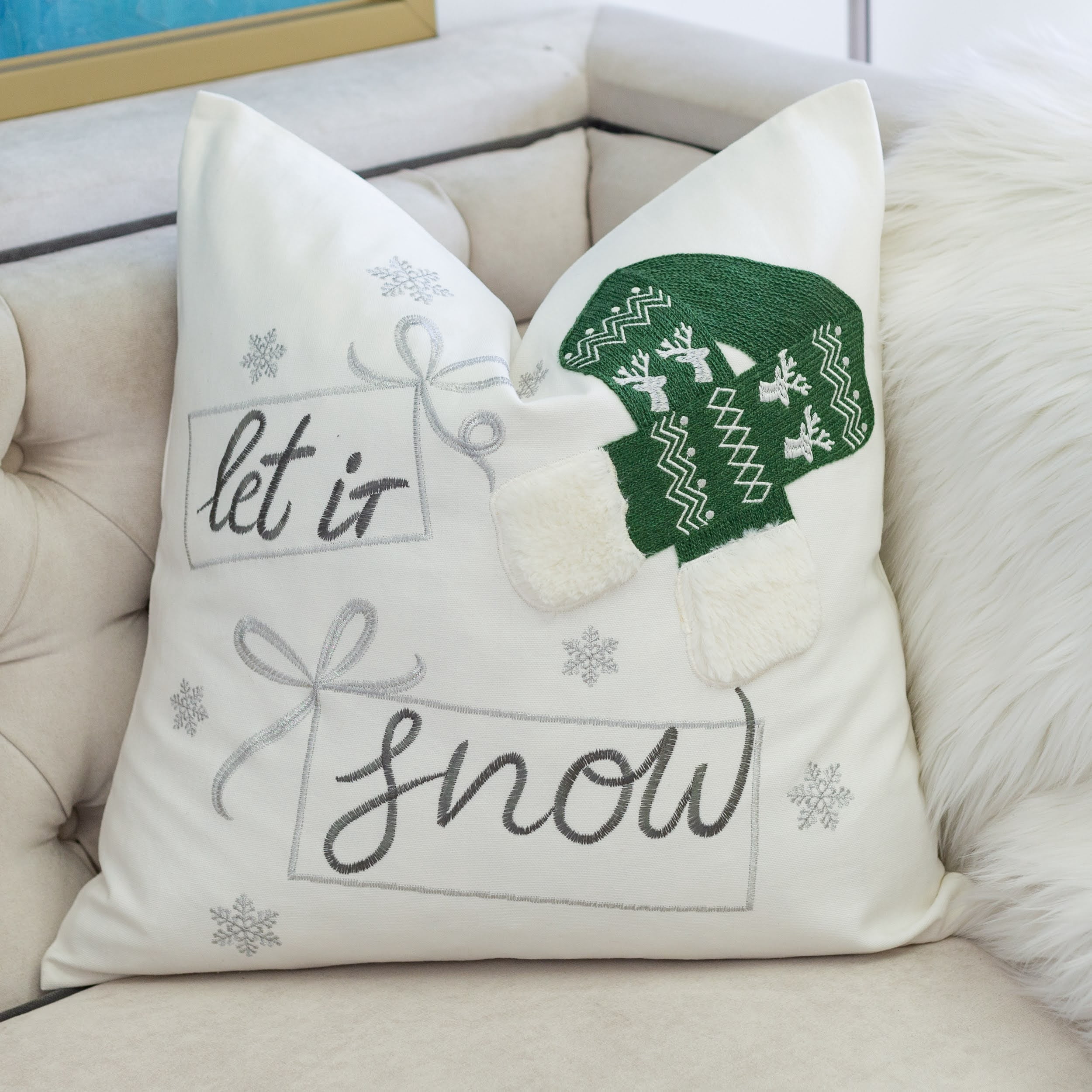 Let It Snow Embroidered Throw Pillow with Green Knit Hat 20x20 Inch Cotton Holiday Decor