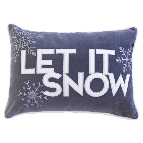 Let-It-Snow Gray and White Embroidered Snowflake Graphic Polyester 14 in. x 20 in. Decorative Throw Pillow