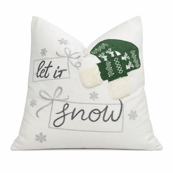 Let-It-Snow Green Embroidered Mitten Graphic Polyester 20"x20" Decorative Throw Pillow
