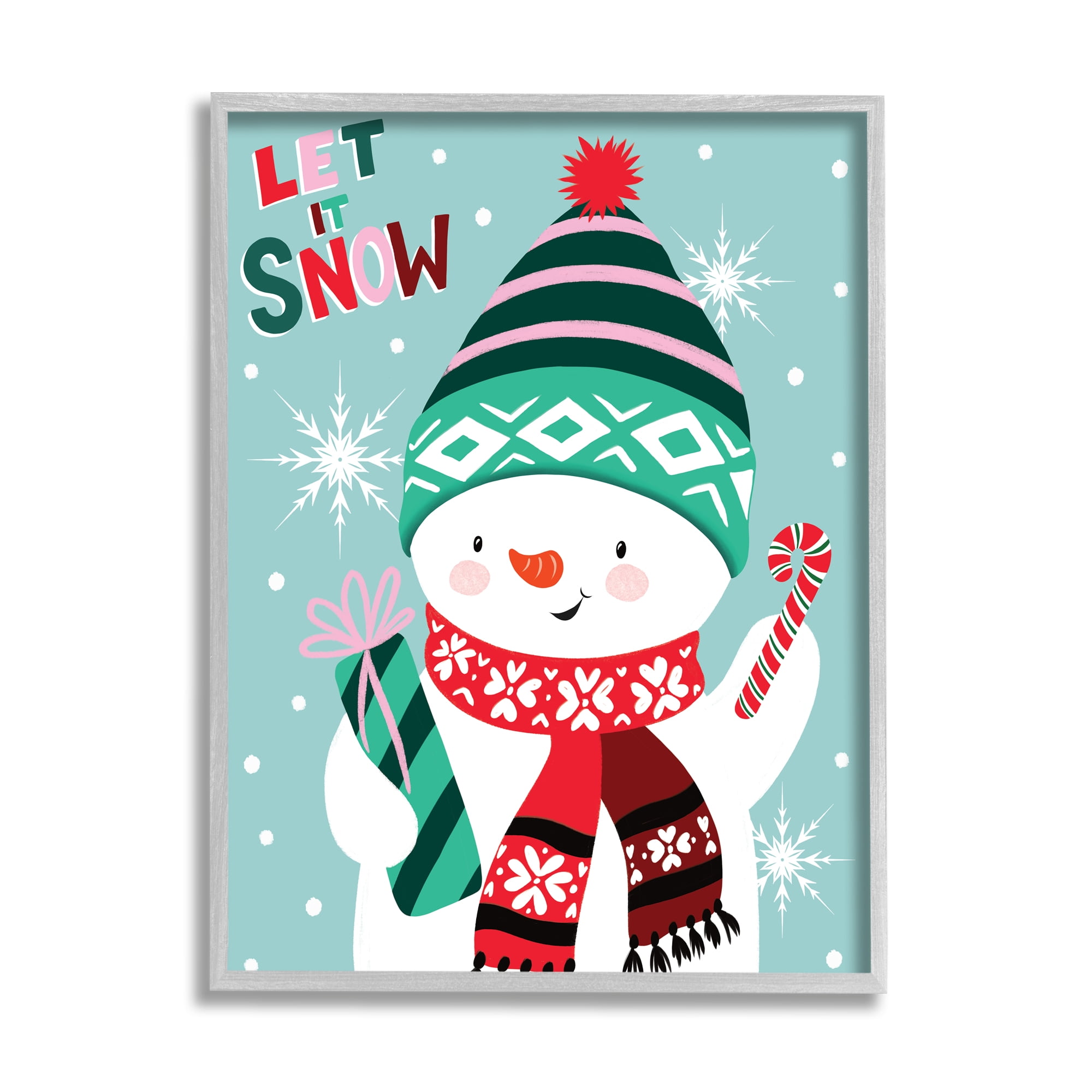 Let It Snow Jolly Snowman Candy Cane Snowflakes Inspirational Graphic Art Framed Art Print Wall Art