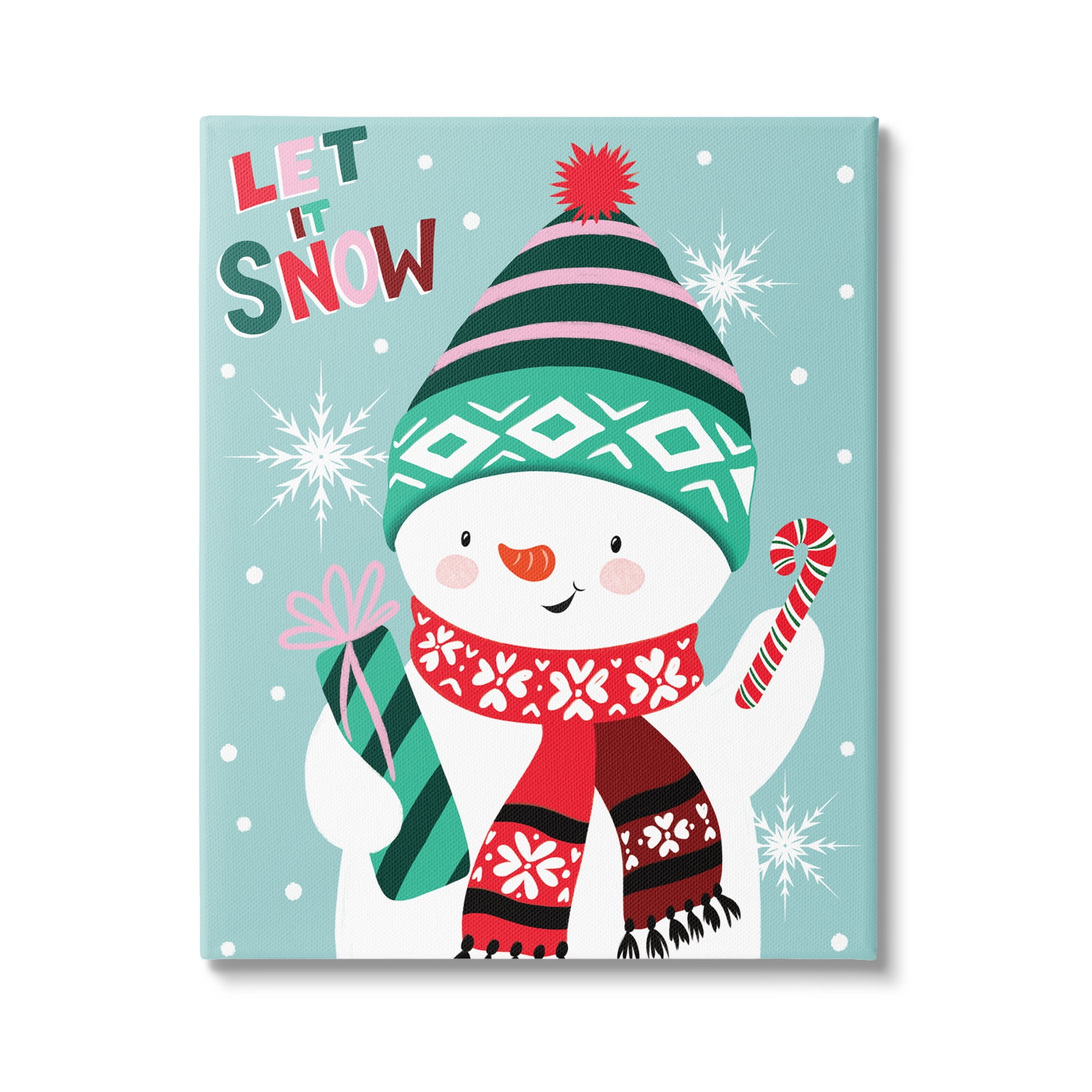 Let It Snow Jolly Snowman Candy Cane Snowflakes Inspirational Graphic Art Gallery-Wrapped Canvas Print Wall Art