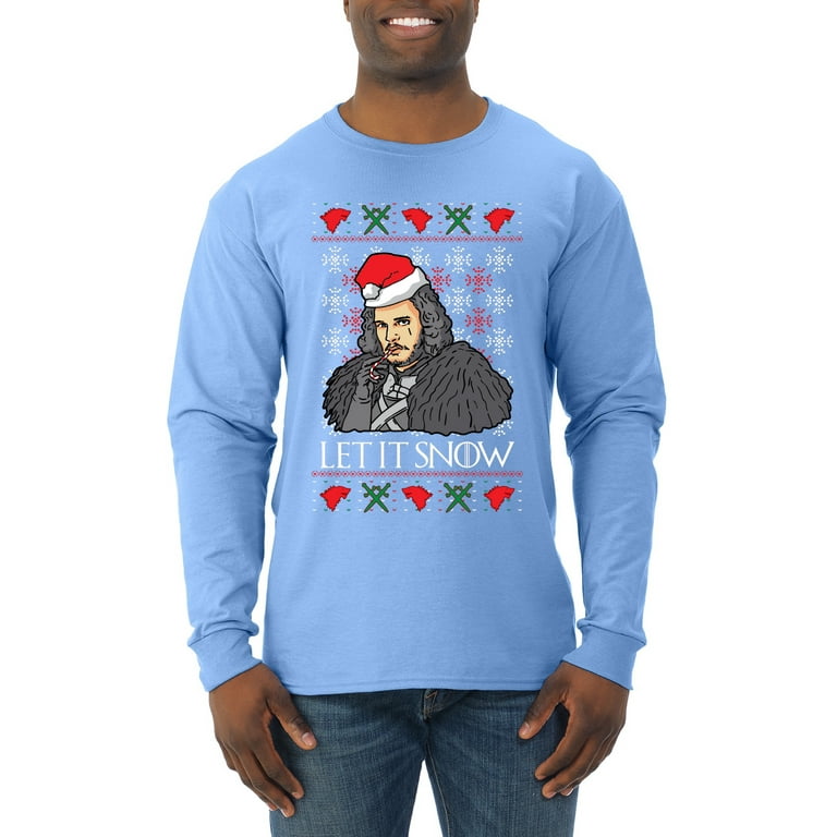 Let It Snow Jon Snow Full Color GoT Ugly Christmas Sweater Mens Long Sleeve Shirt Light Blue Large