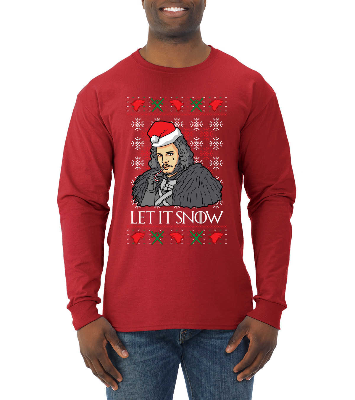Let It Snow Jon Snow Full Color GoT Ugly Christmas Sweater Mens Long Sleeve Shirt Red Small