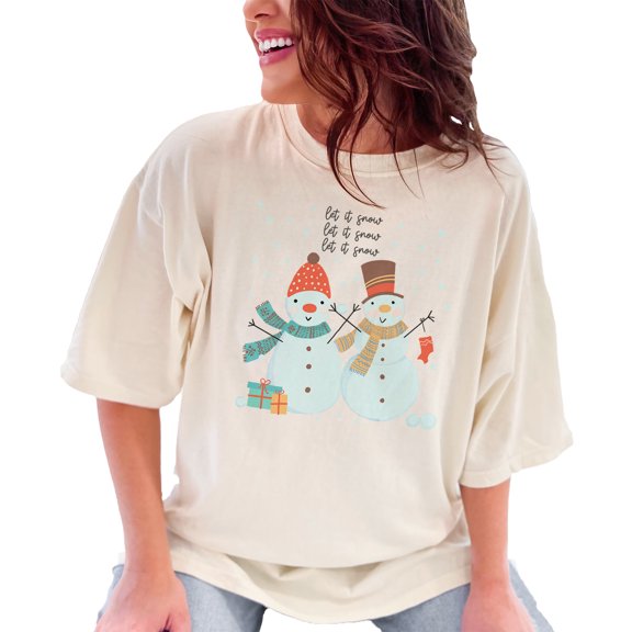 Let It Snow, Let It Snow, Let It Snow with Hand Drawn Snowman, Christmas Art, Ivory Comfort Colors T-Shirt, Medium