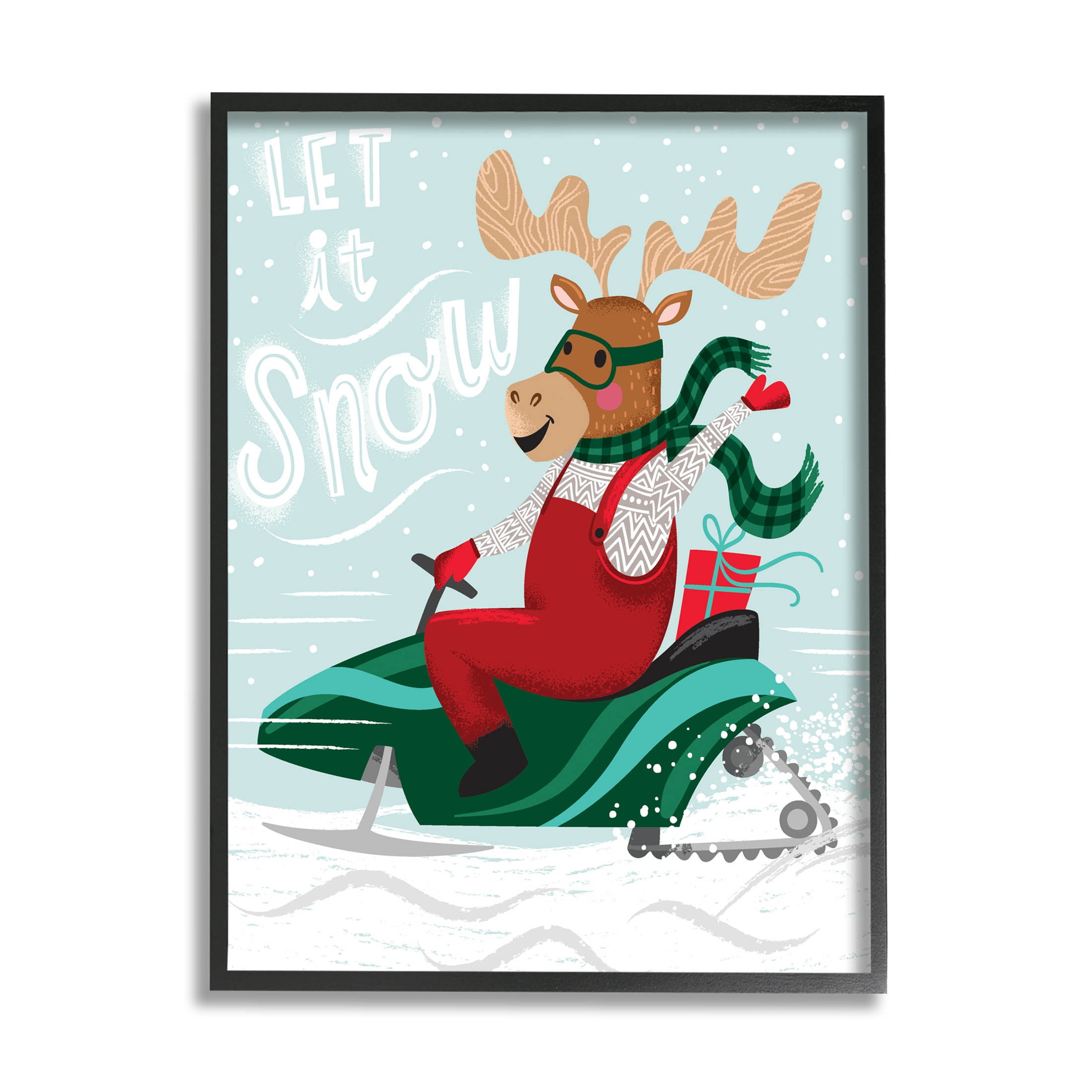 Let It Snow Moose Sleigh Holiday Graphic Art Black Framed Art Print Wall Art