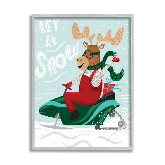 Let It Snow Moose Sleigh Holiday Graphic Art Gray Framed Art Print Wall Art