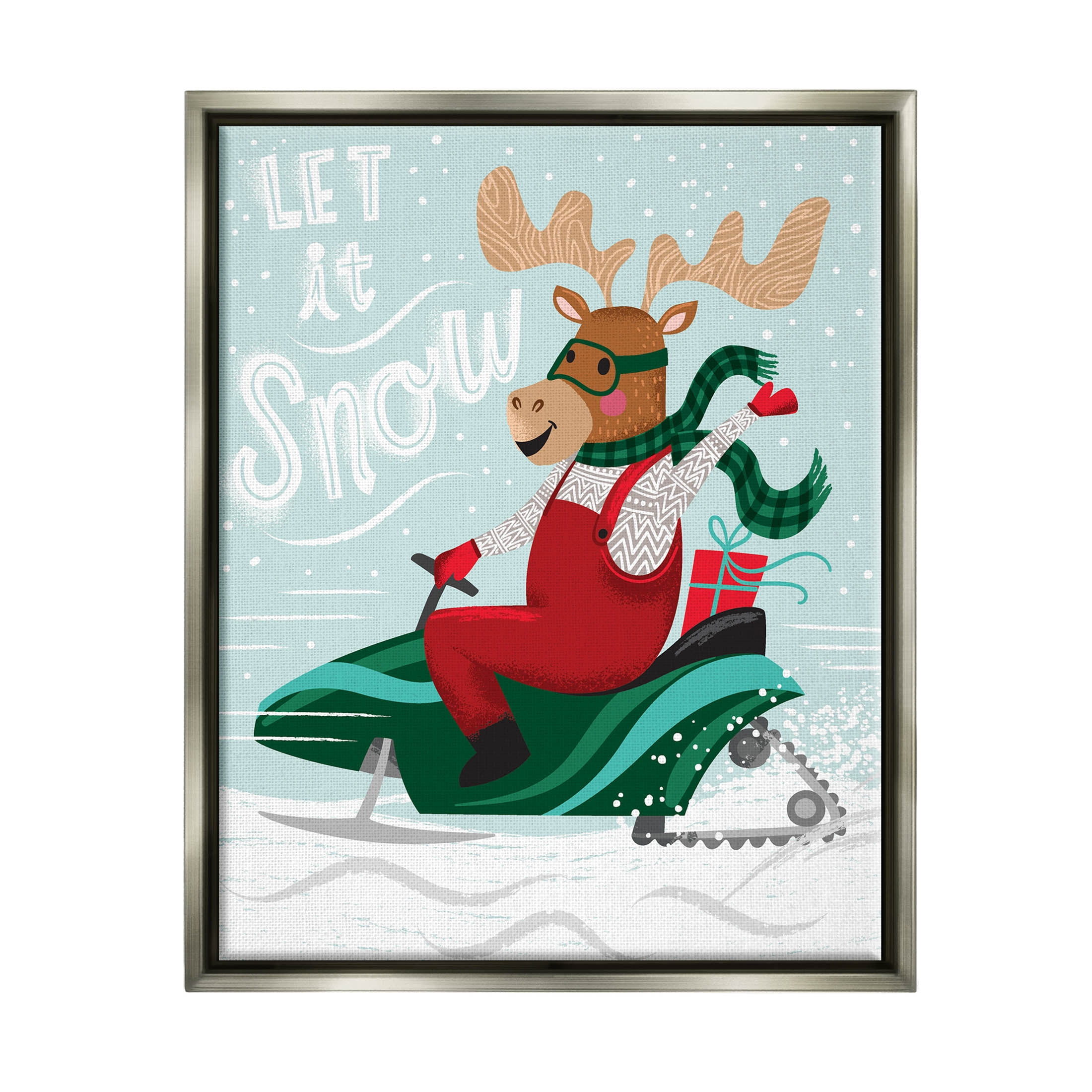 Let It Snow Moose Sleigh Holiday Graphic Art Luster Gray Framed Art Print Wall Art
