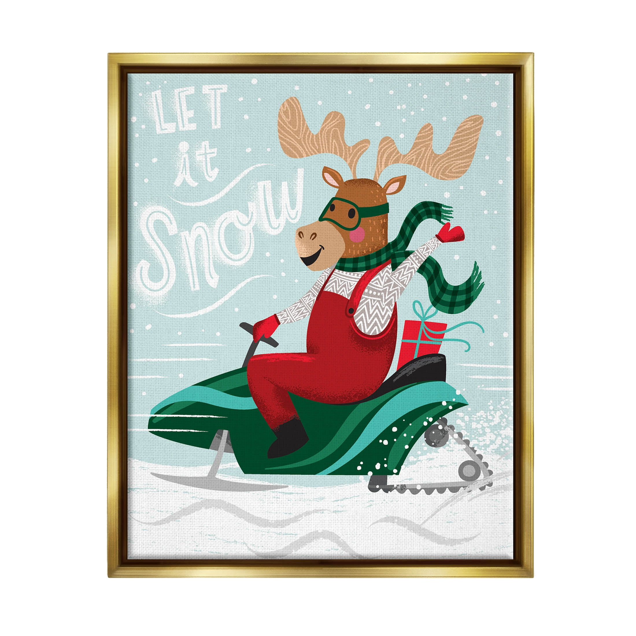 Let It Snow Moose Sleigh Holiday Graphic Art Metallic Gold Framed Art Print Wall Art