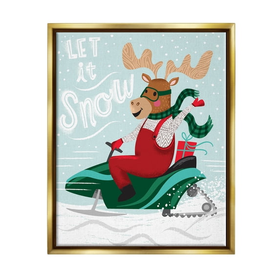 Let It Snow Moose Sleigh Holiday Graphic Art Metallic Gold Framed Art Print Wall Art