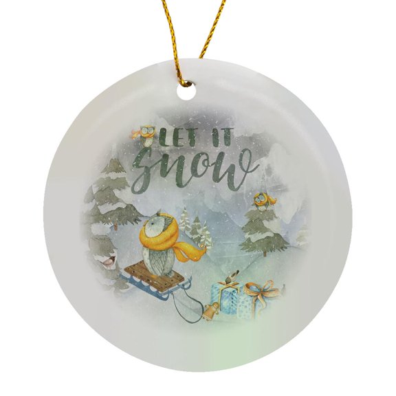 3drose, Let It Snow- Owl and Little Bird Winter Illustration, Circle Porcelain Ornament