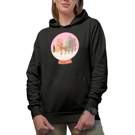 Let It Snow, Reindeer & Pine Trees in a Christmas Snow Globe Art Merch Gift, Black Hooded Sweatshirt or Hoodie, Small