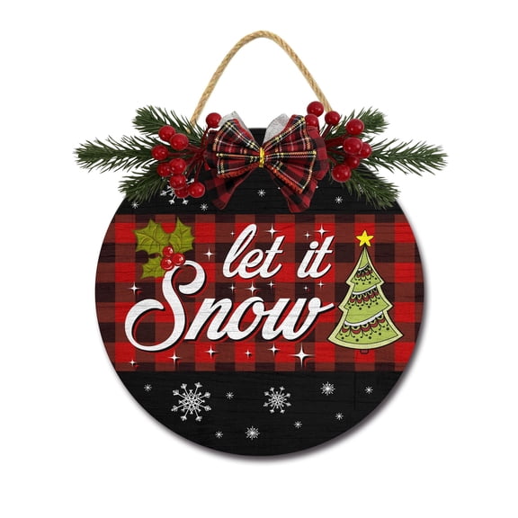 Let It Snow Sign Front for Door Decoration, 11 in Round Wood Wreaths Wall Hanging Outdoor, Farmhouse, Porch, for Spring Summer Fall All Seasons Holiday Christmas