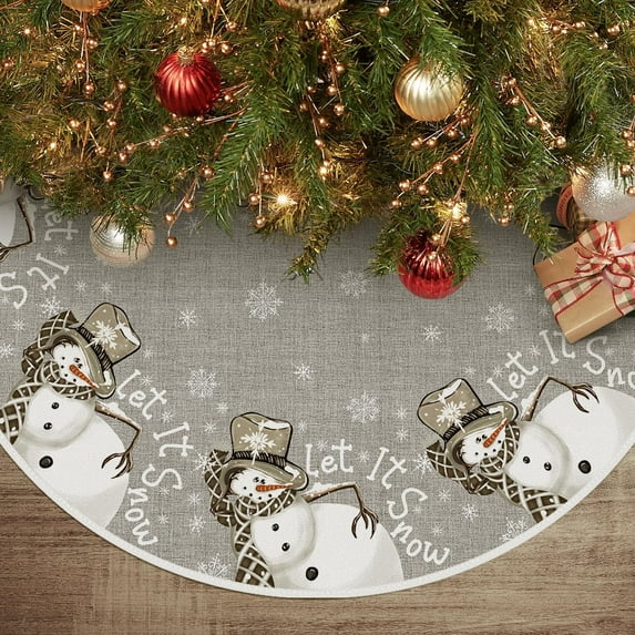 Let It Snow Snowflake Snowman Christmas Tree Skirt , Winter Holiday Tree Mat Decoration