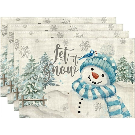 Let It Snow Snowman Christmas Placemats Set of 4, 12x18 Inch Winter Table Mats for Party Kitchen Dining Decoration