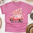 thumbnail image 1 of Let It Snow T-Shirt | Vintage Car with Christmas Tree Graphic Tee, Heliconia, Size L, 1 of 6