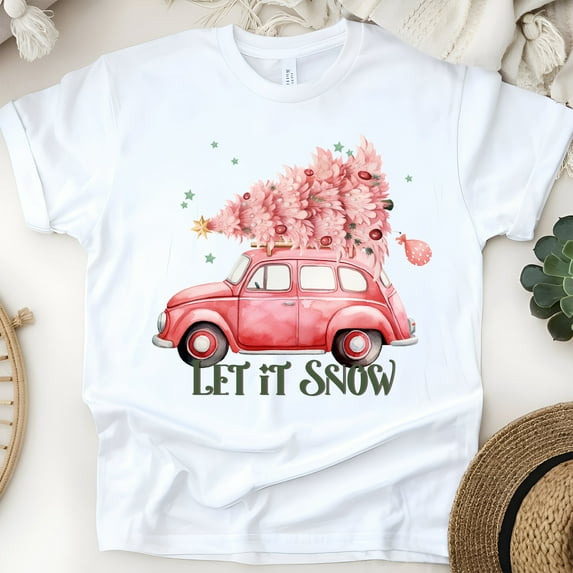 Let It Snow T-Shirt | Vintage Car with Christmas Tree Graphic Tee, White, Size S