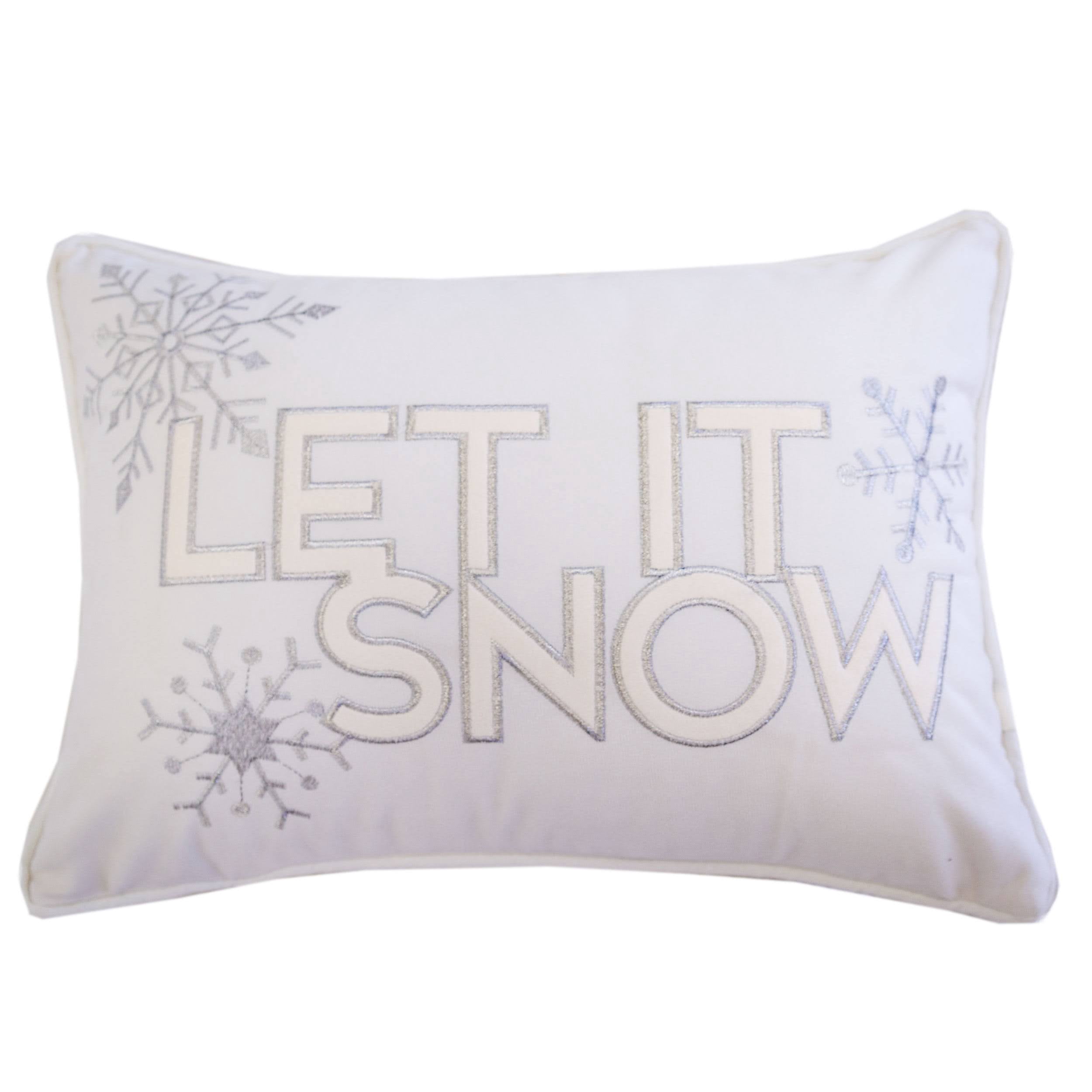 Let-It-Snow White and Ivory Embroidered Snowflake Graphic Polyester 14 in. x 20 in. Decorative Throw Pillow