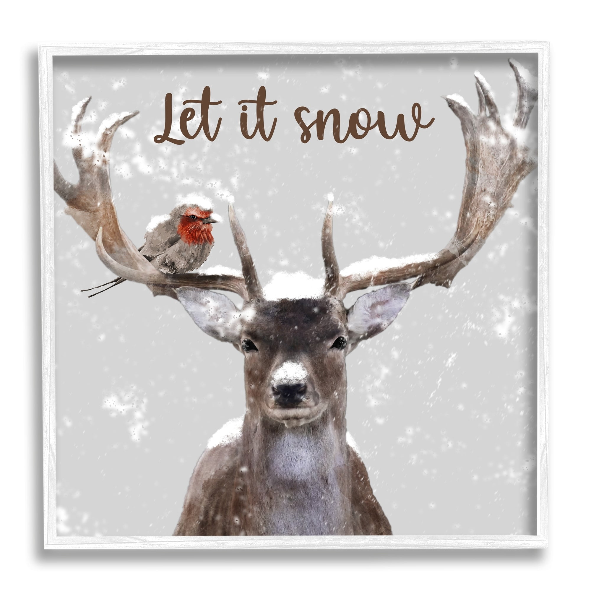 Let It Snow Winter Bird Perched Deer Antlers Animals & Insects Graphic Art Framed Art Print Wall Art