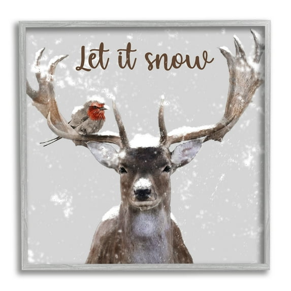 Let It Snow Winter Bird Perched Deer Antlers Animals & Insects Graphic Art Framed Art Print Wall Art