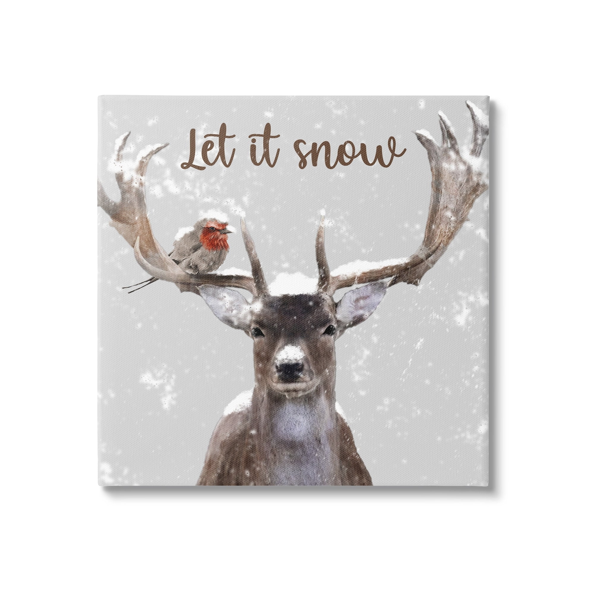 Let It Snow Winter Bird Perched Deer Antlers Animals & Insects Graphic Art Gallery-Wrapped Canvas Print Wall Art