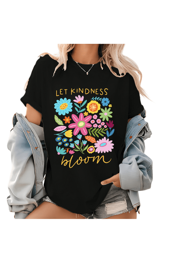 Let Kindness Bloom Graphic Tees Flowers Print T Shirts Aesthetic Wild Boho Pattern Tops for Daily Outfits Black,L