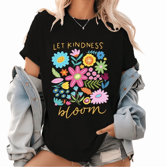 Let Kindness Bloom Graphic Tees Flowers Print T Shirts Aesthetic Wild Boho Pattern Tops for Daily Outfits Black,S