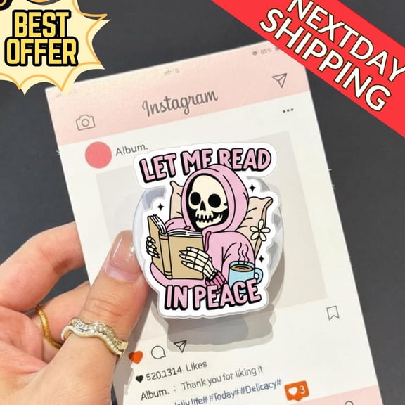 Let Me Read in Peace Magnetic Phone Grip Funny Skeleton Reading Phone Holder, Kawaii Skeleton Phone Stand, Perfect Gift for Book Lovers